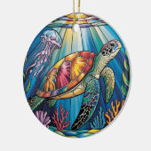 Vibrant Stained Glass Sea Turtle Ocean Design セラミックオーナメント (左)