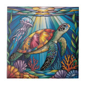 Vibrant Stained Glass Sea Turtle Ocean Design タイル (正面)
