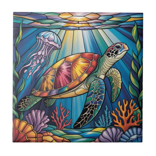 Vibrant Stained Glass Sea Turtle Ocean Design タイル (正面)