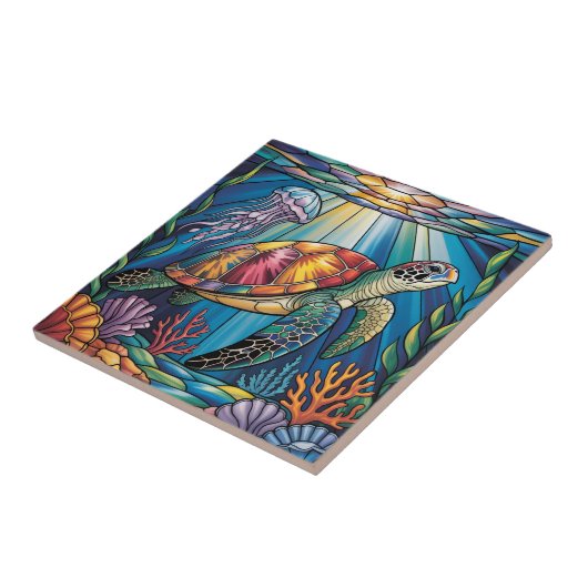 Vibrant Stained Glass Sea Turtle Ocean Design タイル (側面)