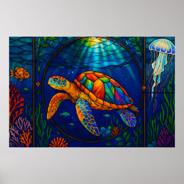 Vibrant Stained Glass Sea Turtle Ocean Design ポスター