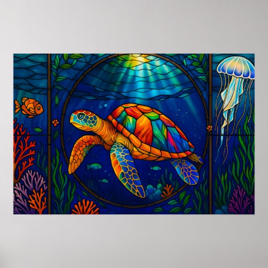 Vibrant Stained Glass Sea Turtle Ocean Design ポスター (正面)