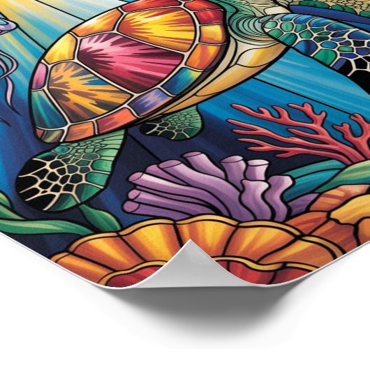 Vibrant Stained Glass Sea Turtle Ocean Design ポスター (角)