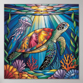Vibrant Stained Glass Sea Turtle Ocean Design ポスター (正面)