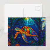 Vibrant Stained Glass Sea Turtle Ocean Design ポストカード (正面/裏面)