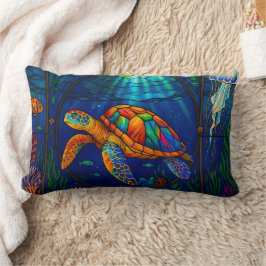 Vibrant Stained Glass Sea Turtle Ocean Design ランバークッション