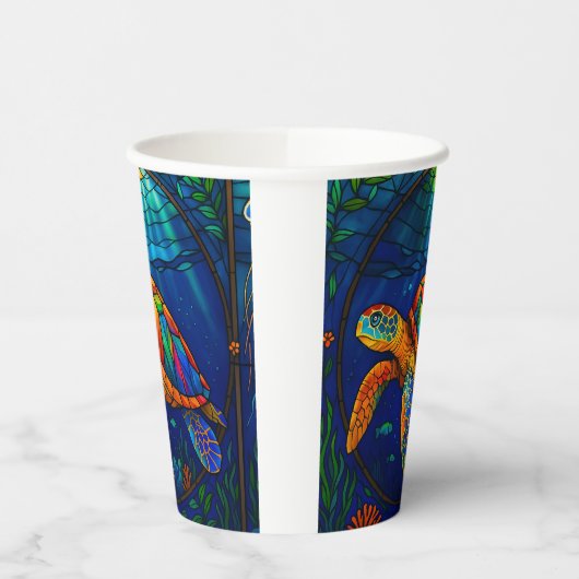 Vibrant Stained Glass Sea Turtle Ocean Design 紙コップ (左)