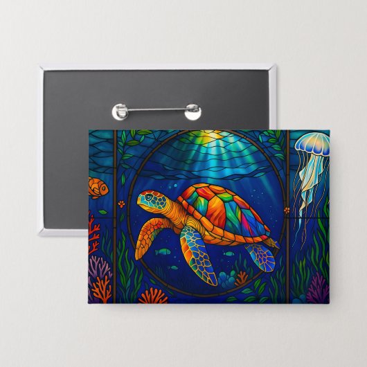 Vibrant Stained Glass Sea Turtle Ocean Design 缶バッジ (正面/裏面)