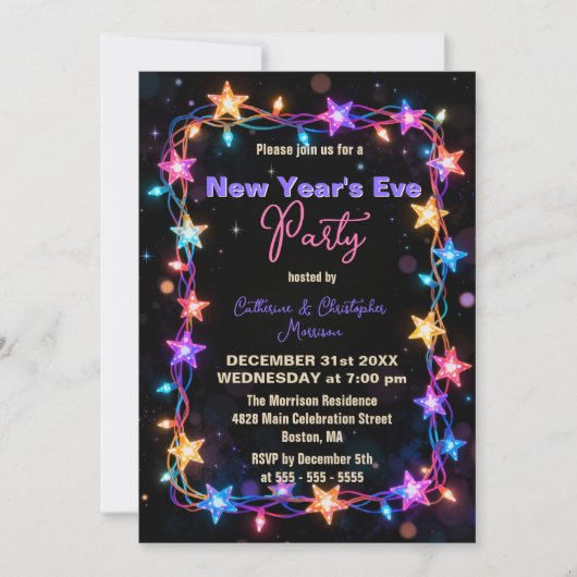 Vibrant Starry String Lights New Year's Eve Party 招待状 (正面)