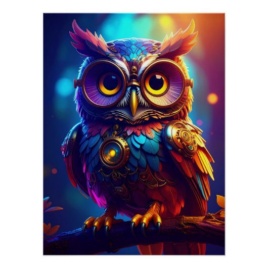 Vibrant Steampunk Owl with Goggles and Intricate ポスター (正面)