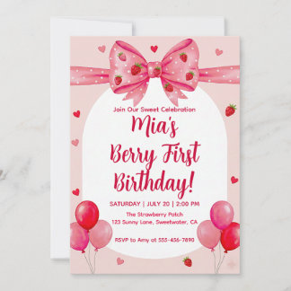 Vibrant Strawberry Coquette Bow Berry First Birthd 招待状