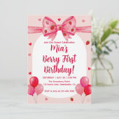 Vibrant Strawberry Coquette Bow Berry First Birthd 招待状 (スタンド正面)