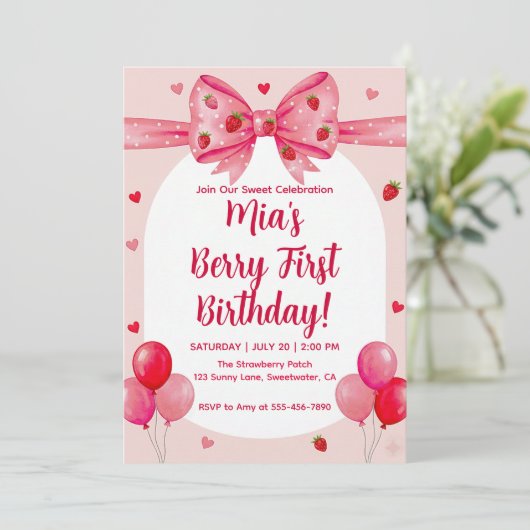 Vibrant Strawberry Coquette Bow Berry First Birthd 招待状 (スタンド正面)