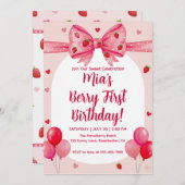 Vibrant Strawberry Coquette Bow Berry First Birthd 招待状 (正面/裏面)