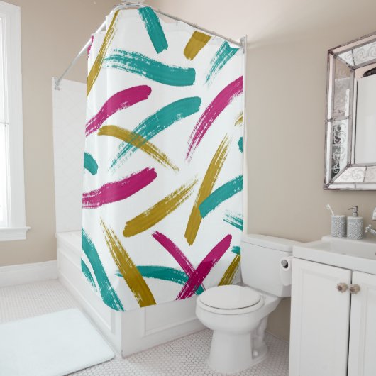 Vibrant Strokes,Teal, Magenta & Mustard pattern シャワーカーテン (インサイチュ)