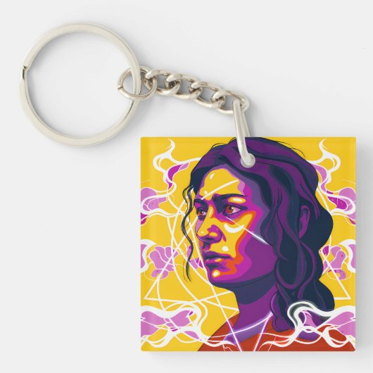Vibrant Stylized Portrait with Abstract Elements キーホルダー (正面)