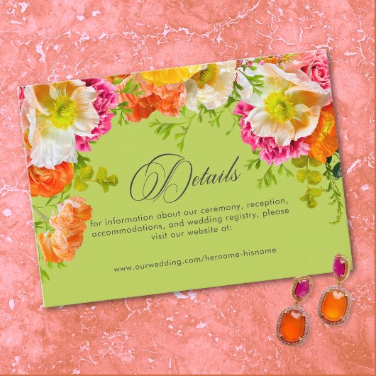 Vibrant Summer Floral Lime Orange Pink Wedding エンクロージャーカード