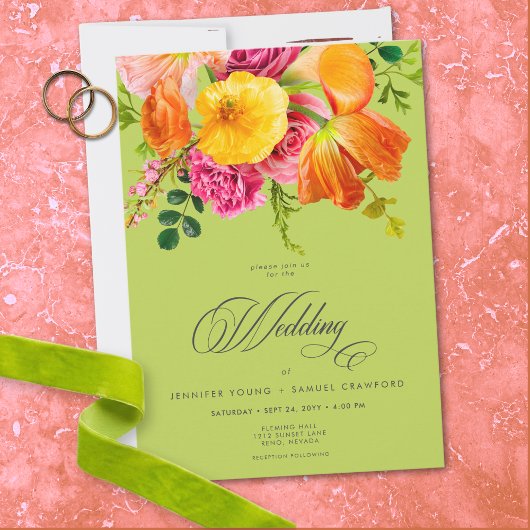 Vibrant Summer Floral Lime Orange Pink Wedding 招待状