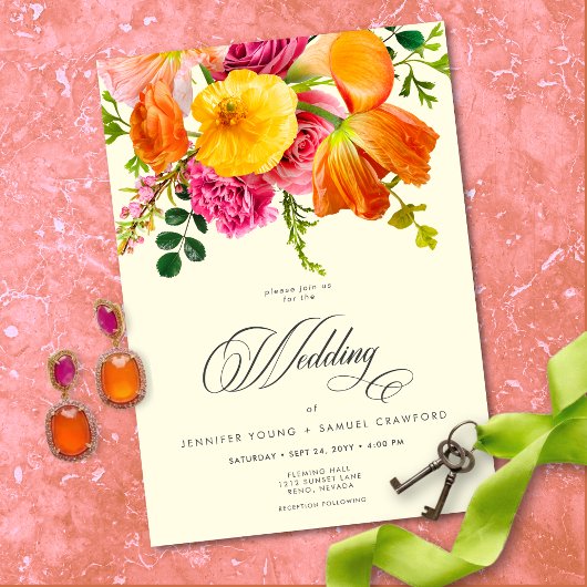 Vibrant Summer Floral Yellow Orange Pink Wedding 招待状