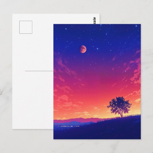 Vibrant Sunset Tree and Blood Moon ポストカード (正面/裏面)