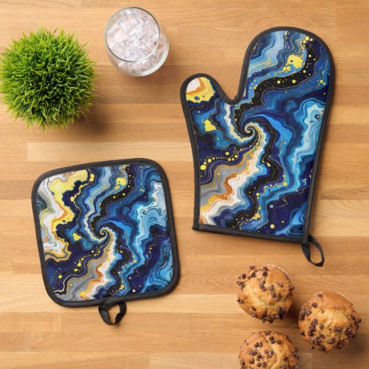 Vibrant Swirls of Blue and Gold 1 鍋つかみ&鍋敷きセット (トップダウン)