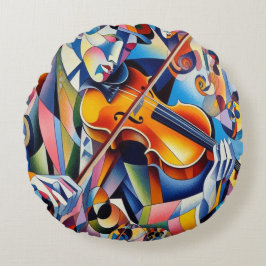 Vibrant Symphony: Abstract Violinist Art ラウンドクッション