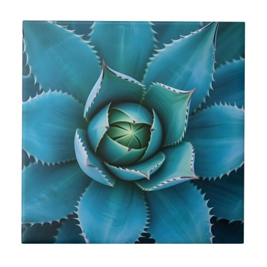 Vibrant Teal Agave Succulent Macro Geometric  タイル (正面)