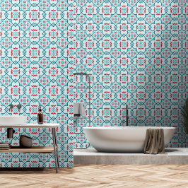 Vibrant Teal & Red Talavera Mexican Tile Pattern 壁紙