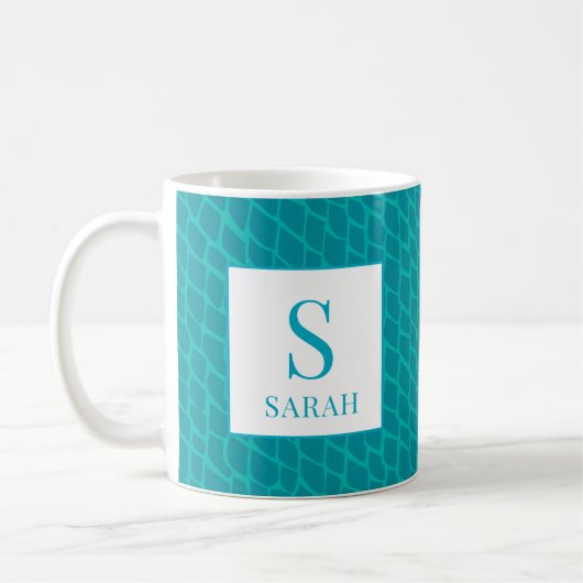Vibrant Teal Scale Mermaid Monogram Custom Name コーヒーマグカップ (左)