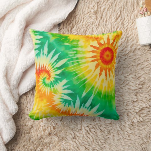 Vibrant Tie Dye Spiral Pattern Boho Orange Green クッション (ブランケット)