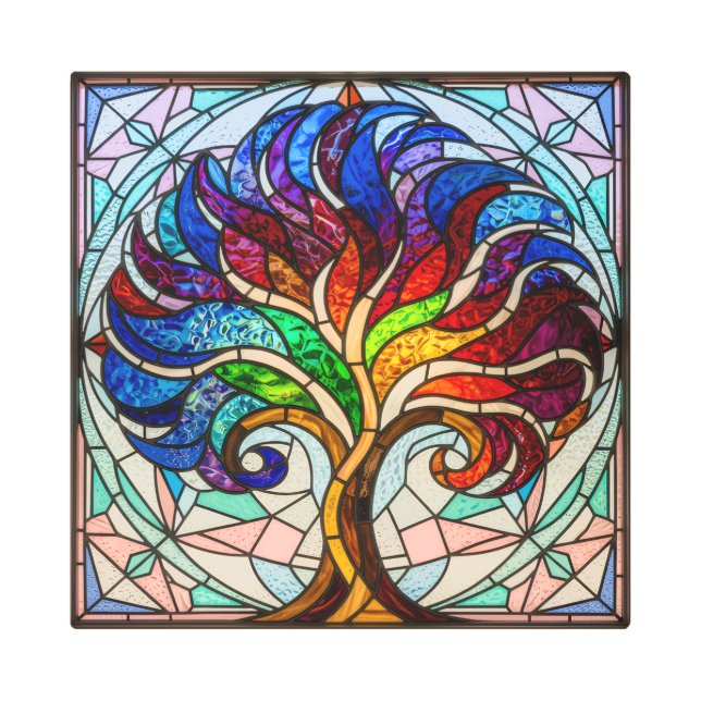 Vibrant Tree of Life – Rainbow Stained Glass Metal メタルプリント (正面)