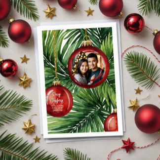 Vibrant Tropical Christmas Palm Watercolor Photo シーズンカード