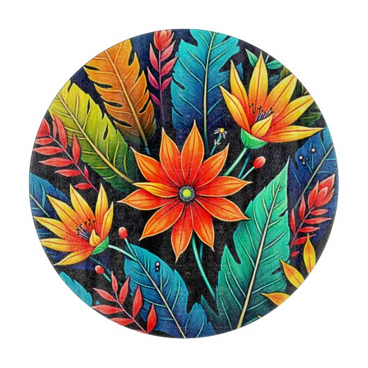 Vibrant Tropical Flower Art カッティングボード (正面)