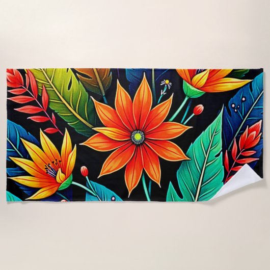 Vibrant Tropical Flower Art ビーチタオル (正面)