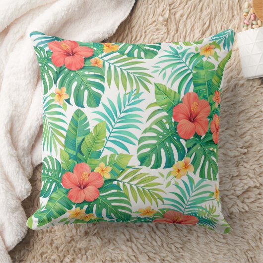 Vibrant Tropical Hibiscus Palm Leaves クッション (ブランケット)