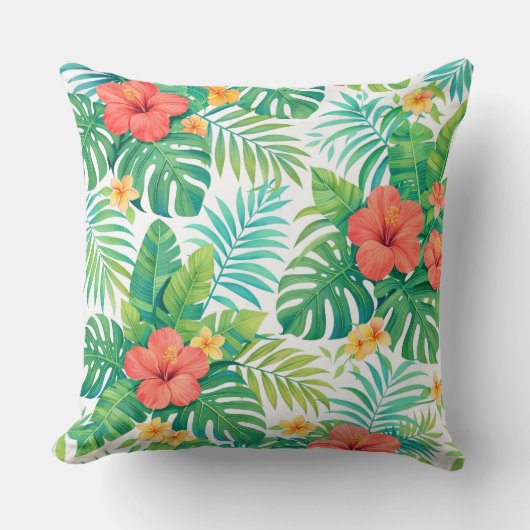 Vibrant Tropical Hibiscus Palm Leaves クッション (正面)