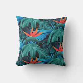 vibrant tropical leaves and orange flowers クッション