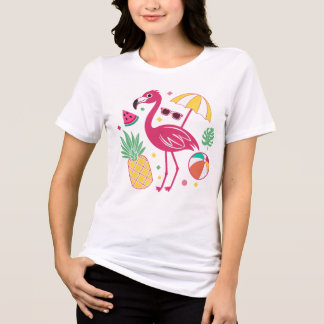Vibrant Tropical Summer Flamingo & Pineapple Beach トライブレンドTシャツ