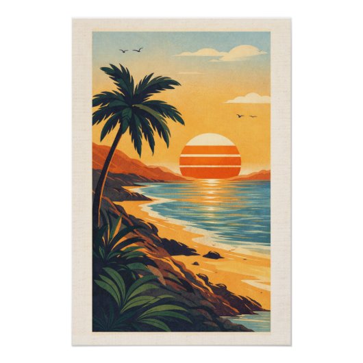 Vibrant Tropical Synthwave Sunset Retro Travel ポスター (正面)