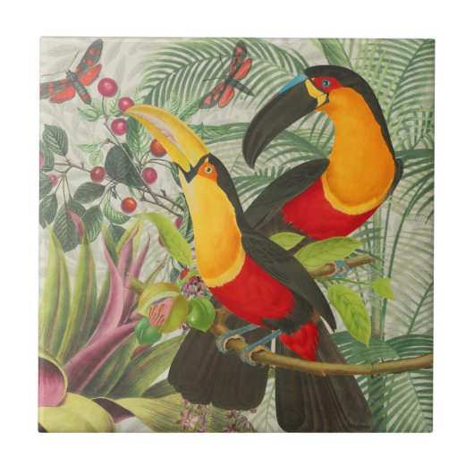 Vibrant Tropical Toucan Birds Art Exotic Jungle  タイル (正面)