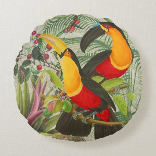 Vibrant Tropical Toucan Birds Art Exotic Jungle  ラウンドクッション (正面)