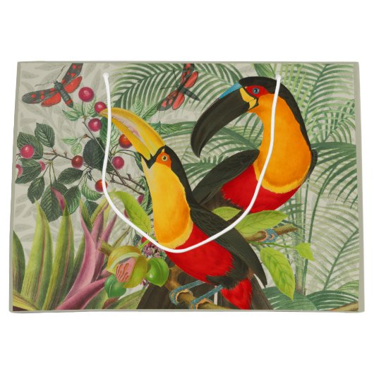 Vibrant Tropical Toucan Birds Art Exotic Jungle  ラージペーパーバッグ (正面)