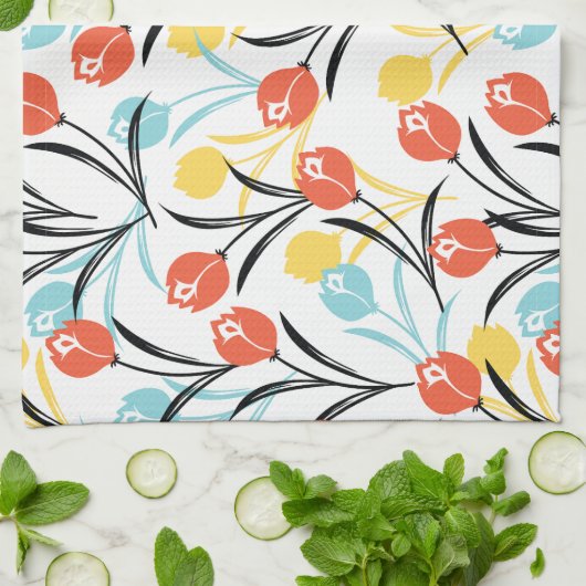 Vibrant Tulip Pattern Floral Design on White キッチンタオル (折り畳み)