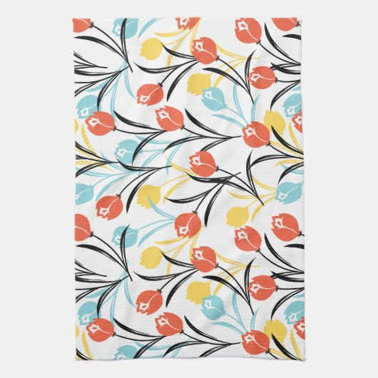 Vibrant Tulip Pattern Floral Design on White キッチンタオル (縦)