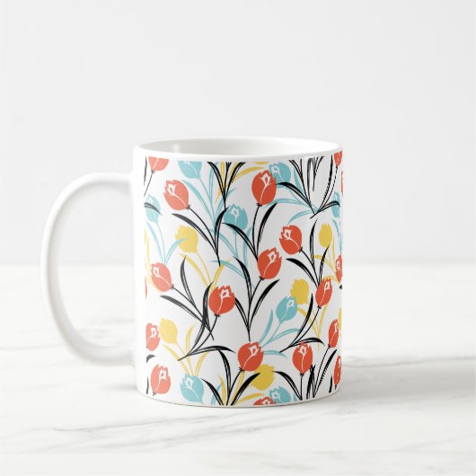 Vibrant Tulip Pattern Floral Design on White コーヒーマグカップ (左)