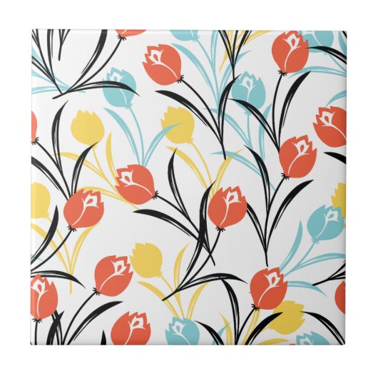 Vibrant Tulip Pattern Floral Design on White タイル (正面)