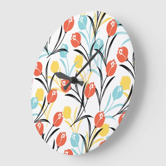 Vibrant Tulip Pattern Floral Design on White ラージ壁時計 (傾斜)