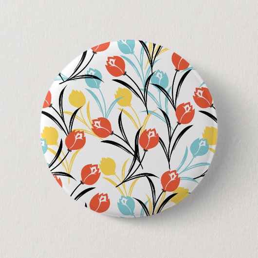 Vibrant Tulip Pattern Floral Design on White 缶バッジ (正面)