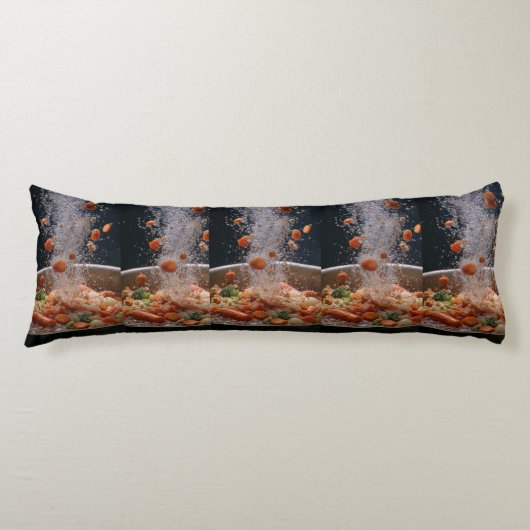 Vibrant Veggie Explosion Art – Dynamic Boiling Pot ボディピロー (正面)