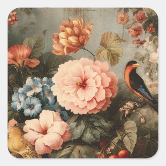 Vibrant Vintage Floral and Bird Scene スクエアシール (正面)
